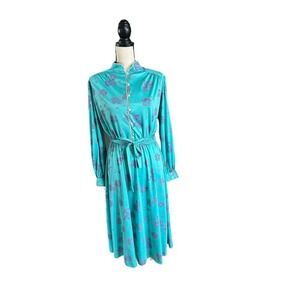 Vintage Ms. Sugar turquoise and purple floral long sleeve midi dress sz 14